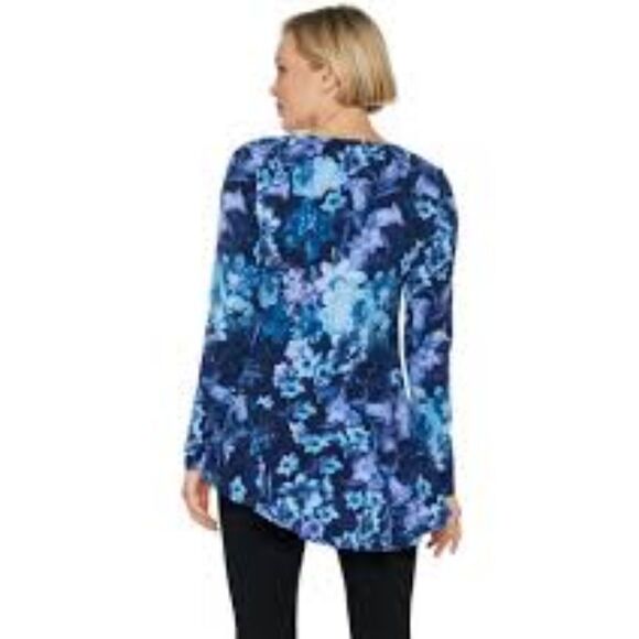 Isaac Mizrahi Shades of Blue Aysemetrical Tunic Top, Ruffled Hemline, Size Large - Picture 3 of 12